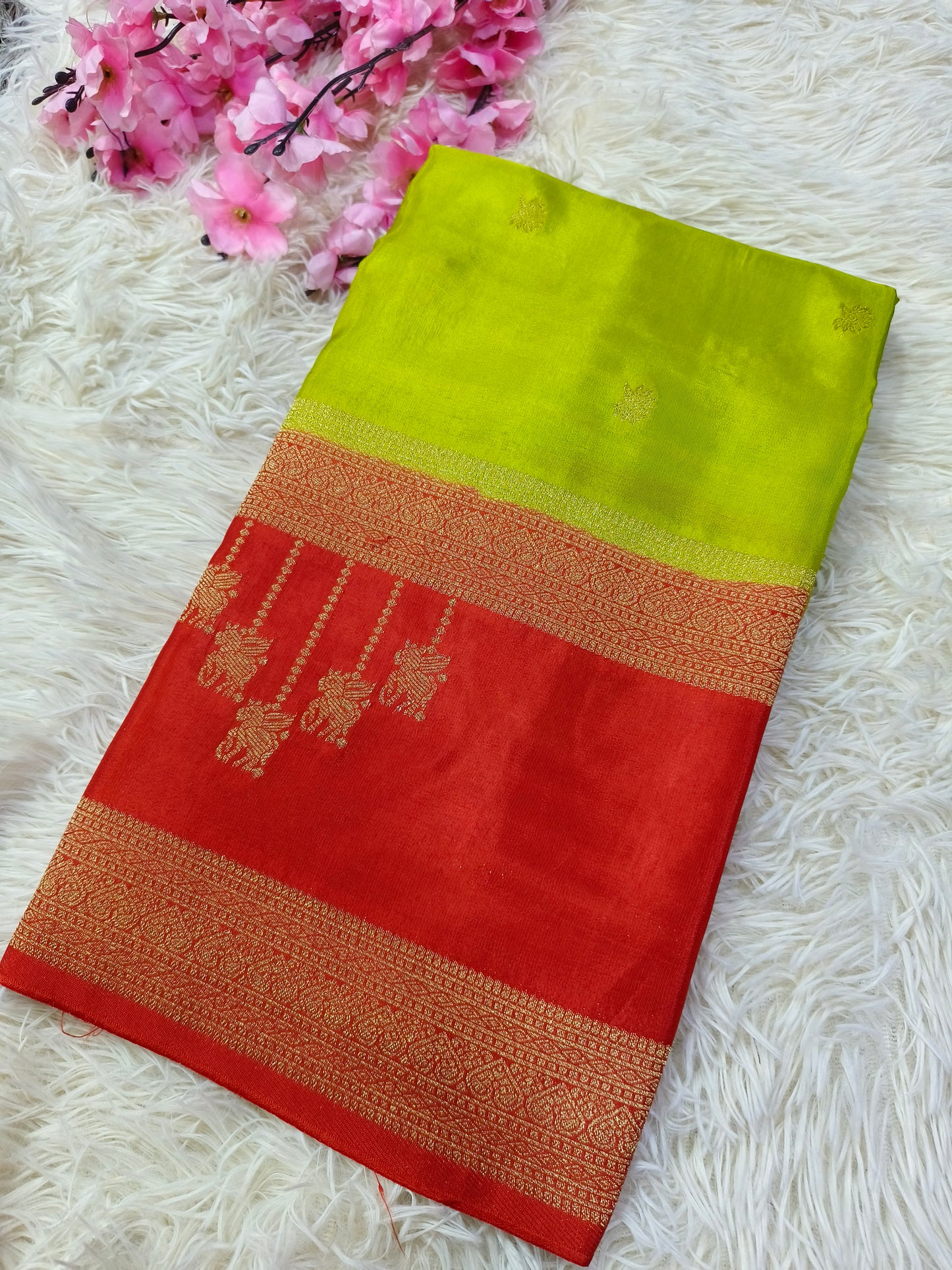 Leaf Green With orange Munga silk saree