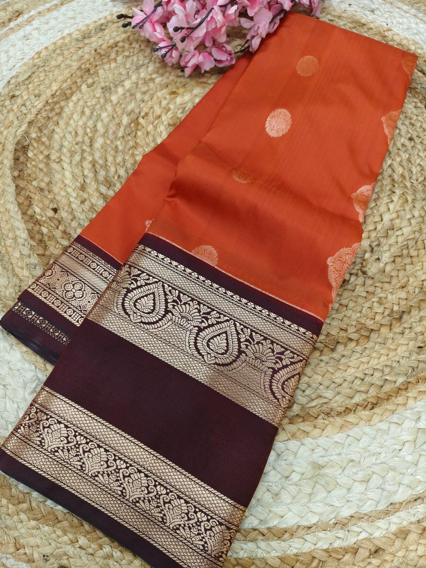 Rustic Orange with brown Elegant  soft semi kanjivaram silk saree