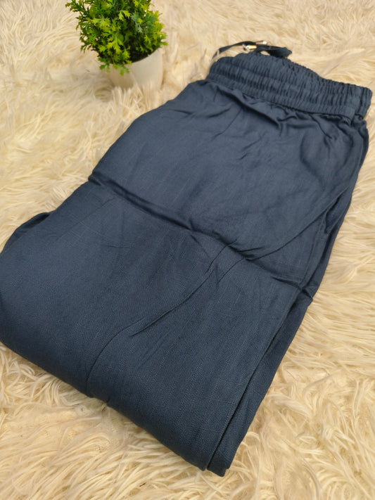 Blue Blended linen rayon straight pants