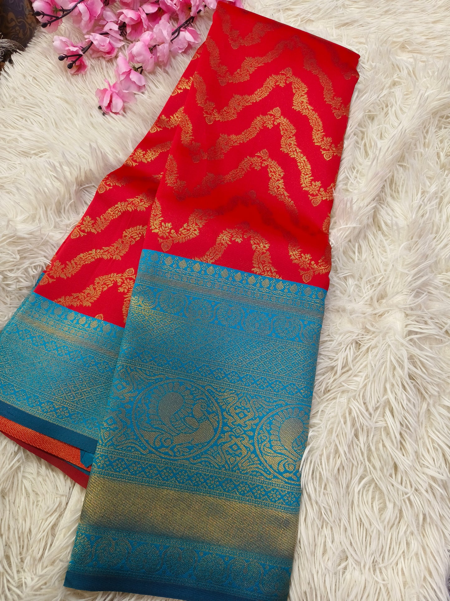 Red with light blue Bridal semi silk saree