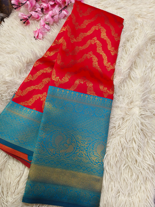 Red with light blue Bridal semi silk saree