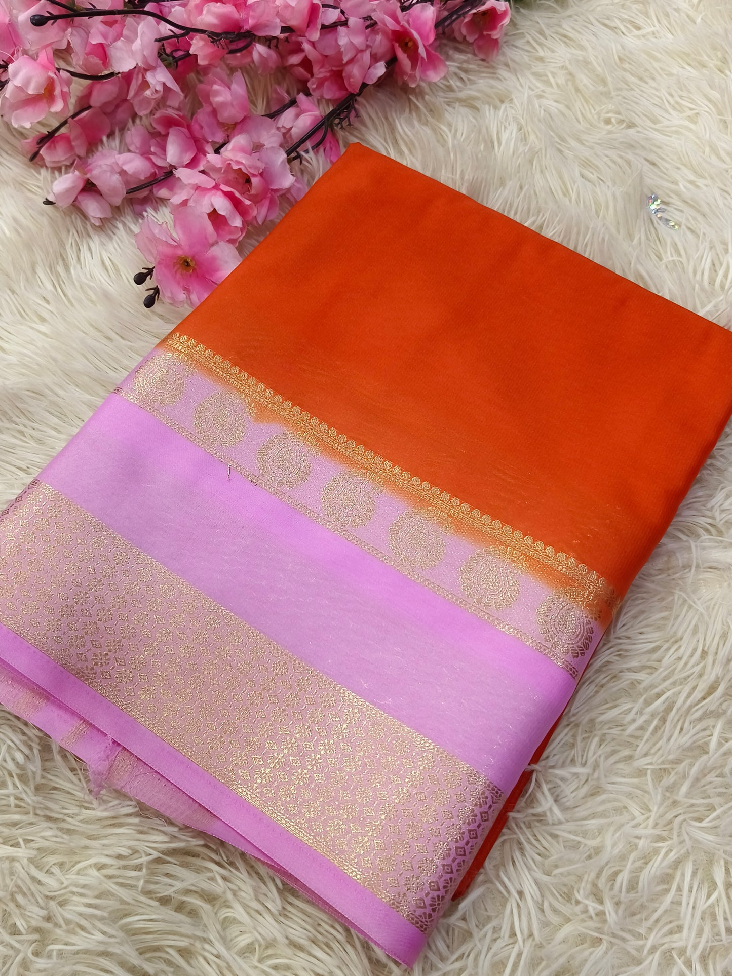 Orange With Pink Semi Mysore crepe silk saree
