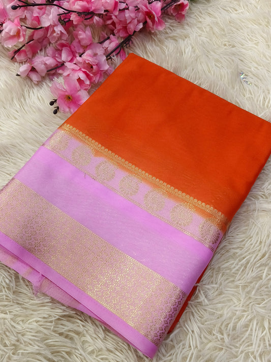 Orange With Pink Semi Mysore crepe silk saree