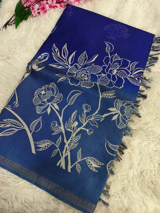 Blue With blueish Grey Tussar silk saree