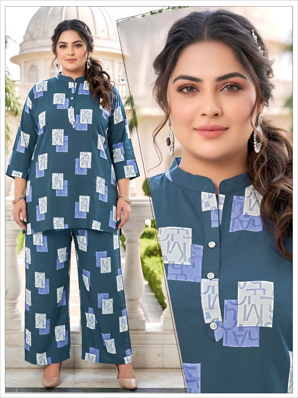 Teal Blue Premium Printed Co-Ord Set