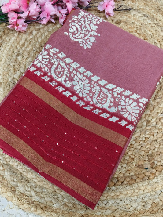 Rose pink with Red sequence saree