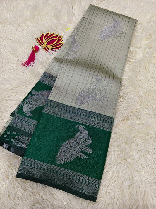Pastel gray with green Mercidised silk saree