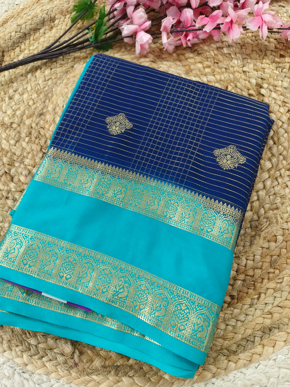Blue with sky blue semi Mysore silk saree