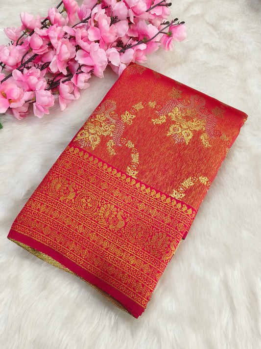 Red  semi bridal tissues silk saree
