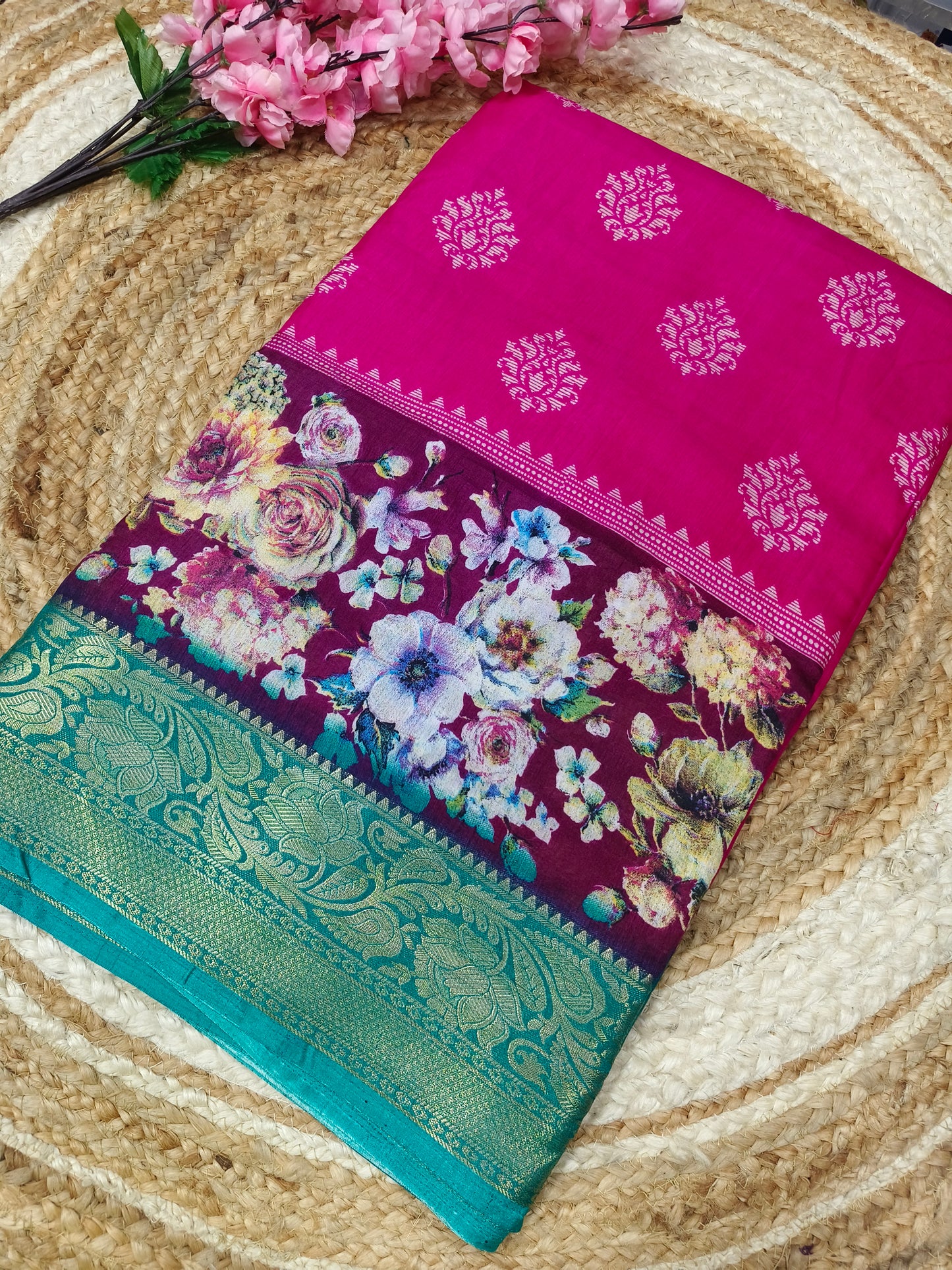 Pink with blue Binny silk saree