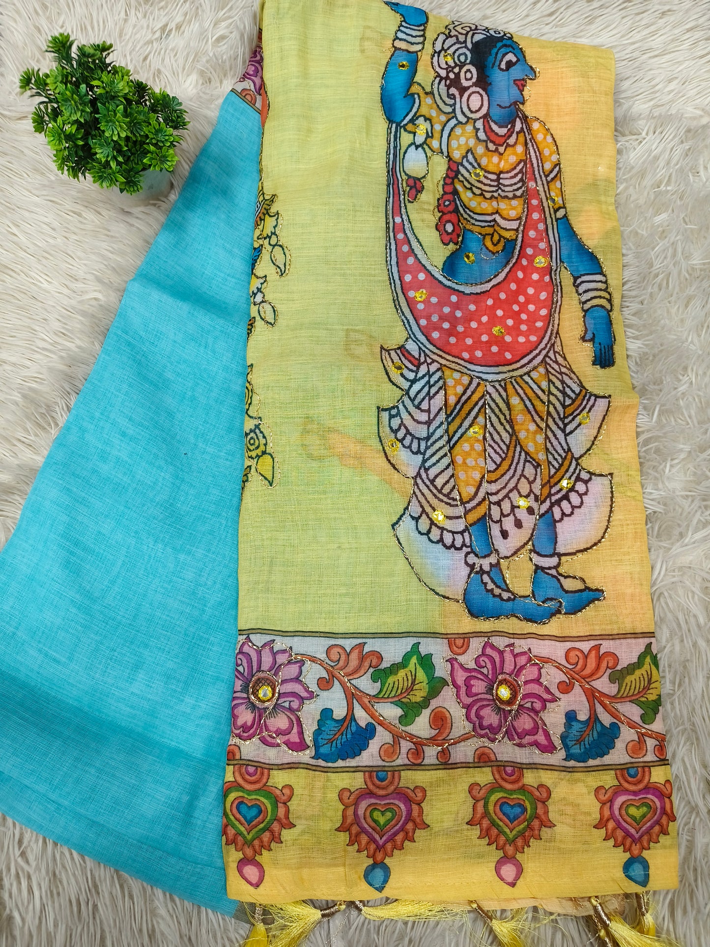 Yellow with sky blue Linen cotton Kalamkari saree