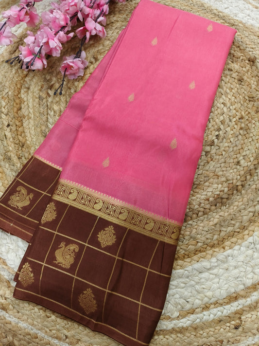 Candy pink with brown Munga silk saree