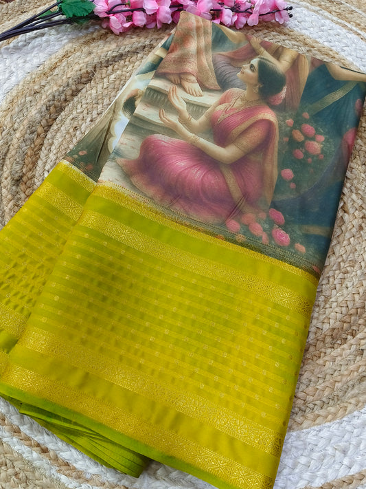 Yellow queen's printed semi Mysore crepe silk saree