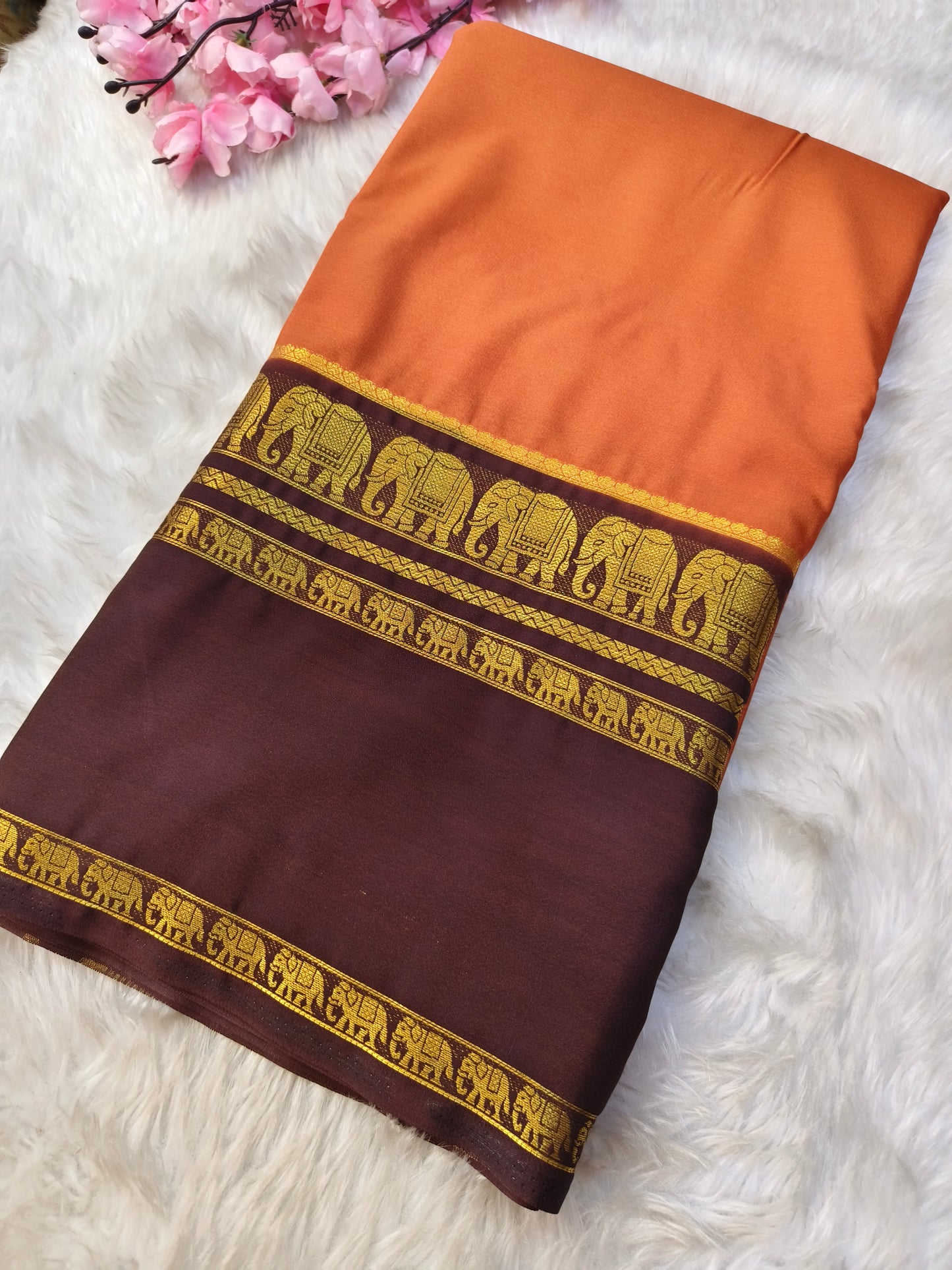 Rustic orange with Brown semi Mysore crepe silk saree