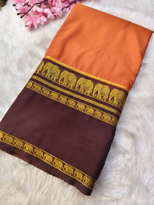 Rustic orange with Brown semi Mysore crepe silk saree