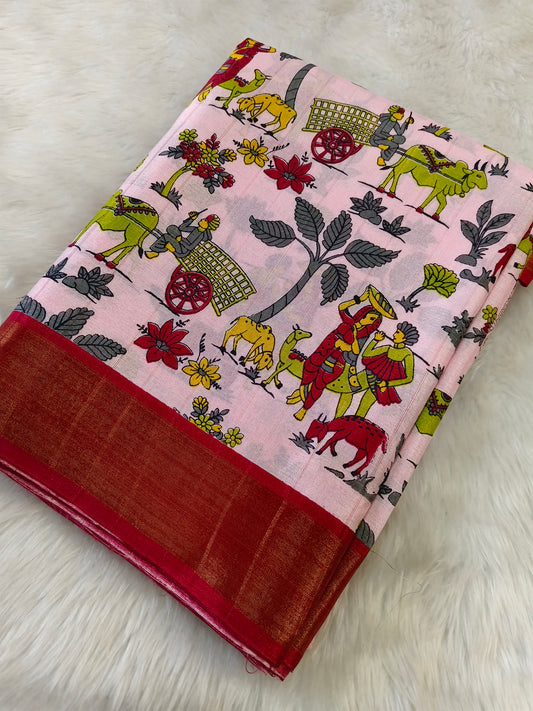 Pink Lenin silk Saree