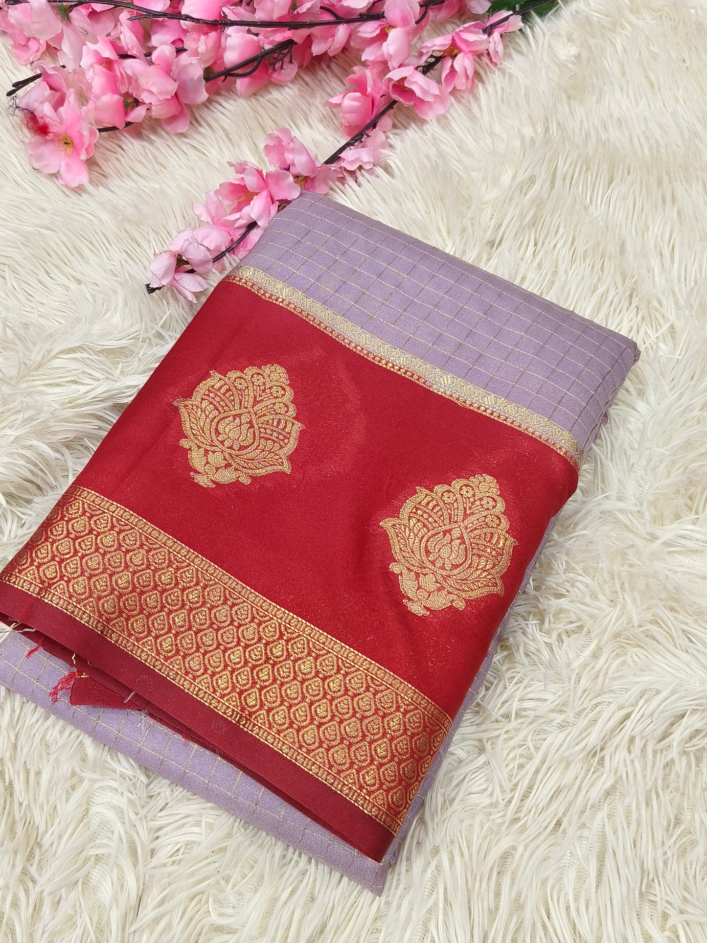 Light onion Pink with red semi Mysore crepe silk