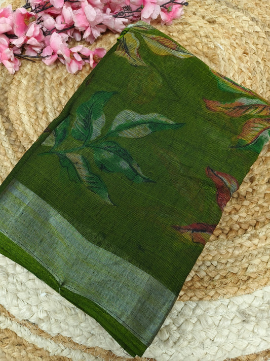 Green - Black Lenin Cotton saree