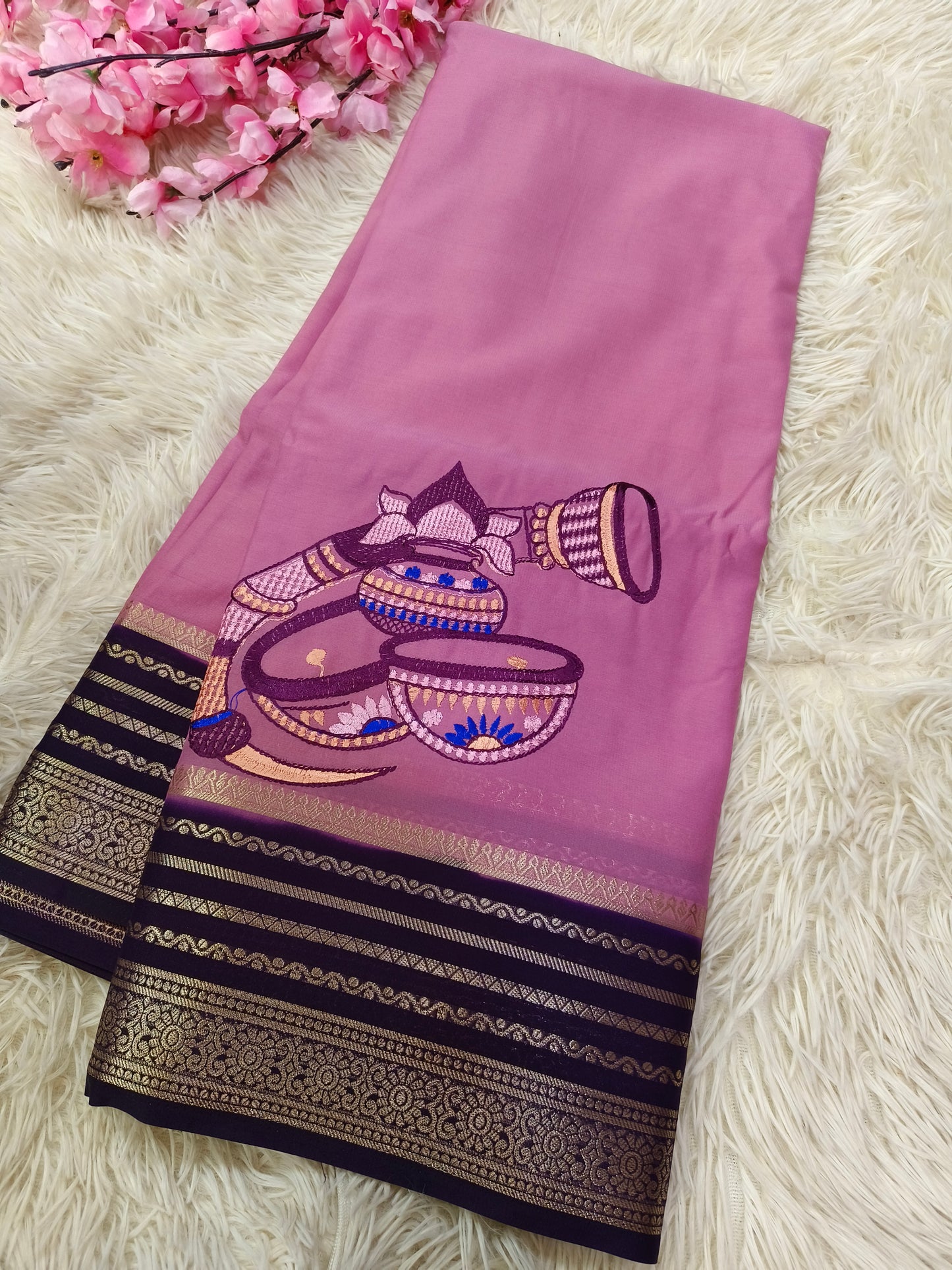 Onion Pink with wine Semi Mysore crepe Silk saree