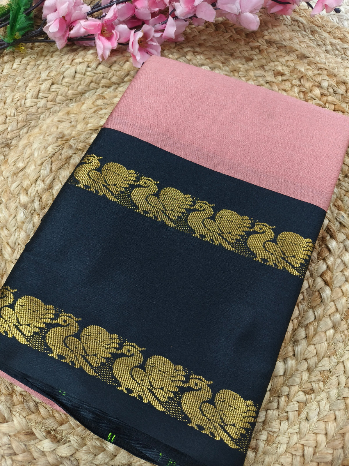 Baby pink with black Gadwal silk saree