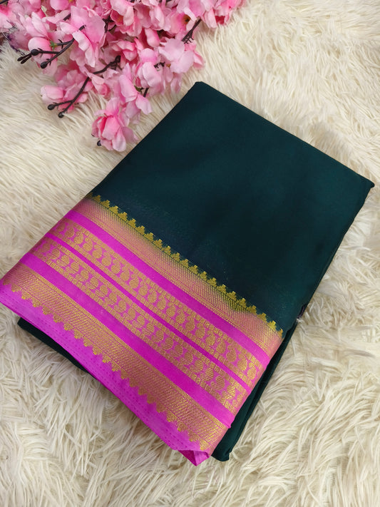 Bottle Green with Baby Pink  semi Mysore crepe silk