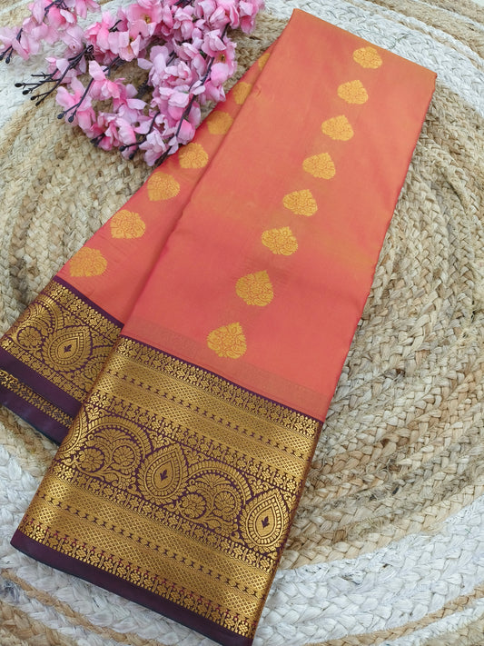 Peach with Purple Elegant  soft semi kanjivaram silk saree