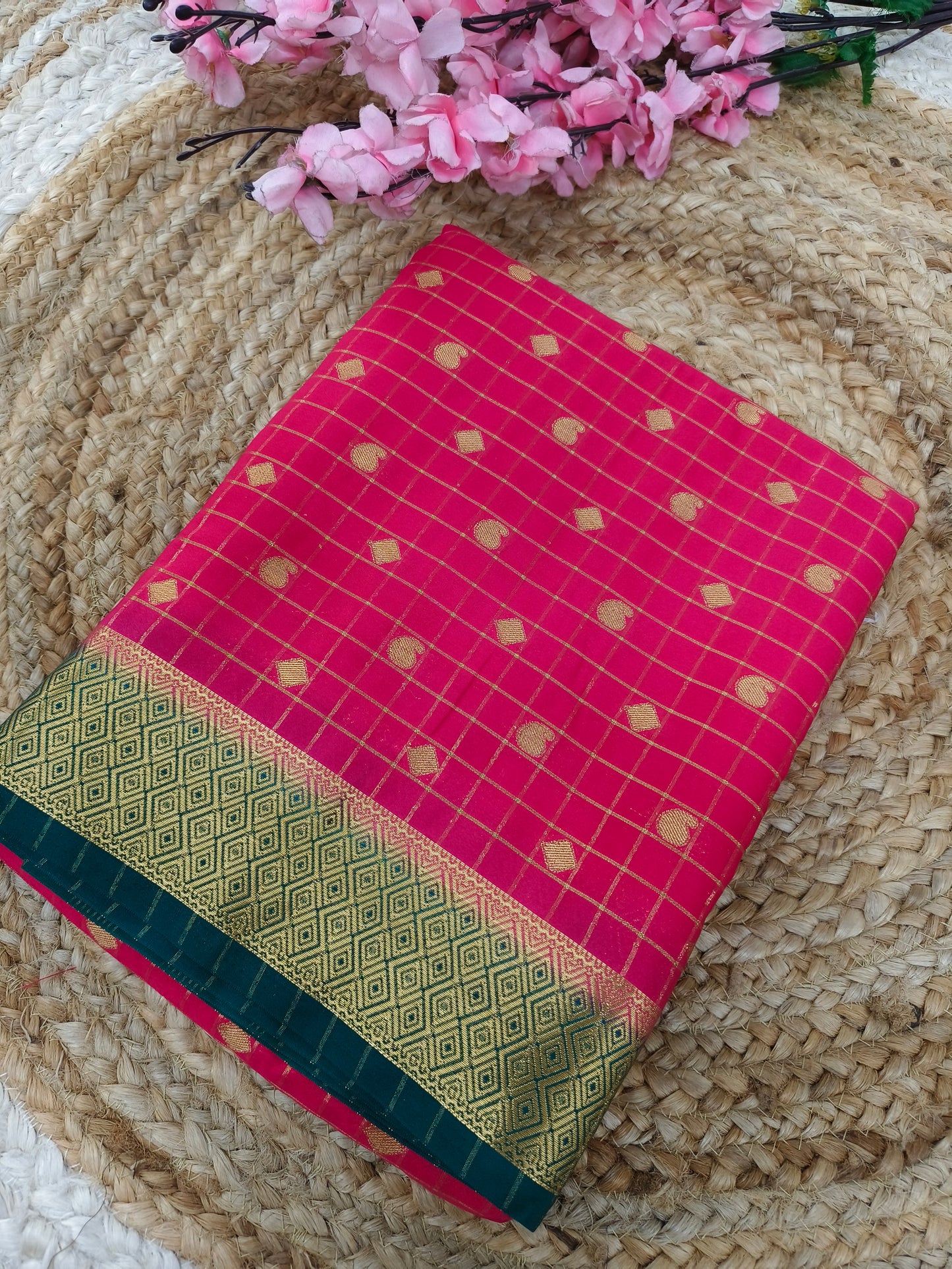 Rani Pink with bottle green Semi Mysore silk