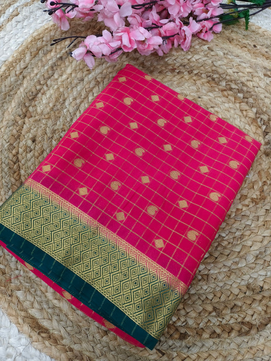 Rani Pink with bottle green Semi Mysore silk