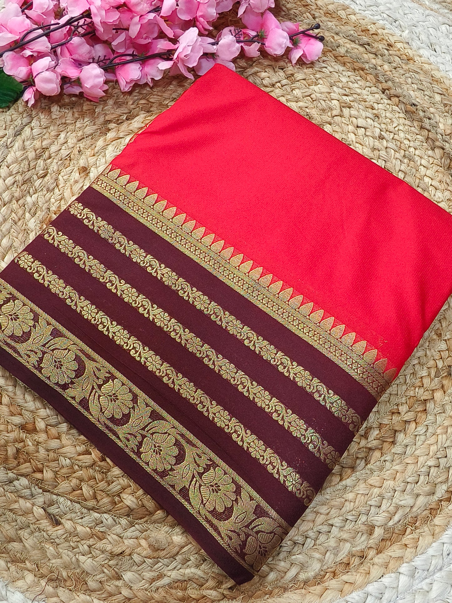 Red with Brown semi Mysore crepe silk saree