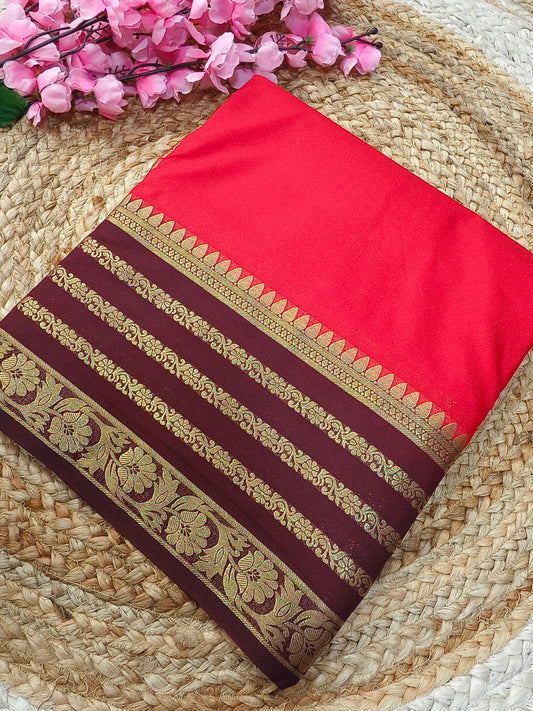 Red with Brown semi Mysore crepe silk saree