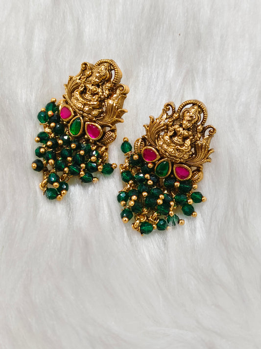 Green stone Lakshmi gold plated stud