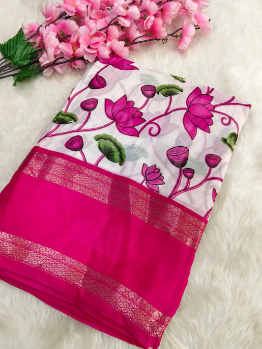 Pink with white  moss chiffon saree