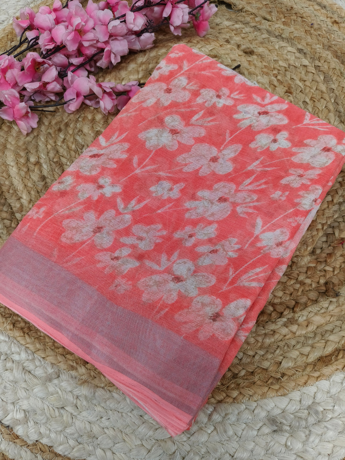 Peach Lenin Cotton saree