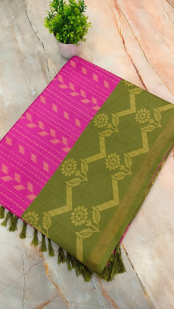 Pink with Green Tusser Silk saree