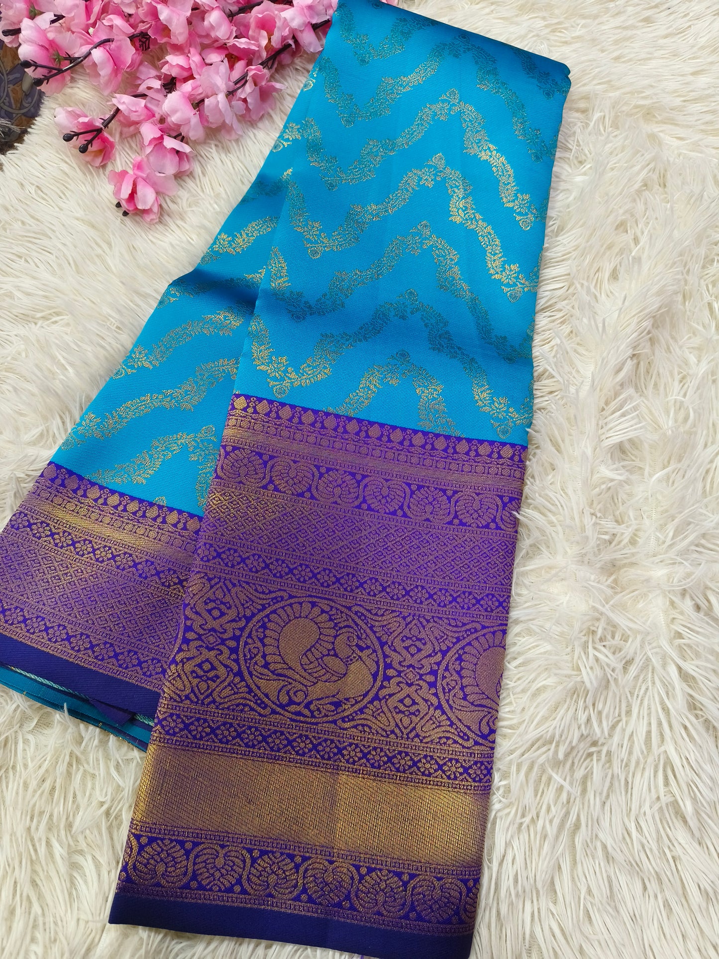Sky blue with purple   Bridal semi silk saree