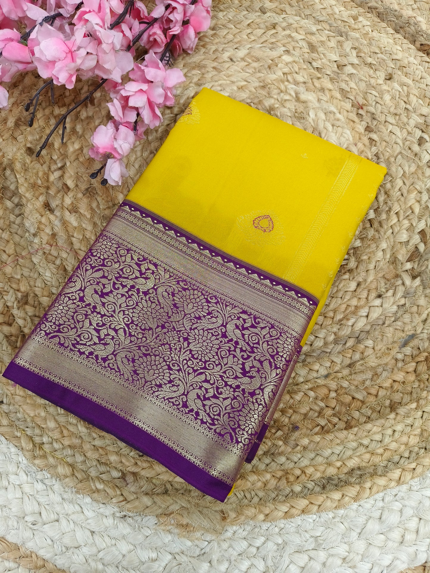 Yellow with purple Elegant semi kanjivaram silk saree