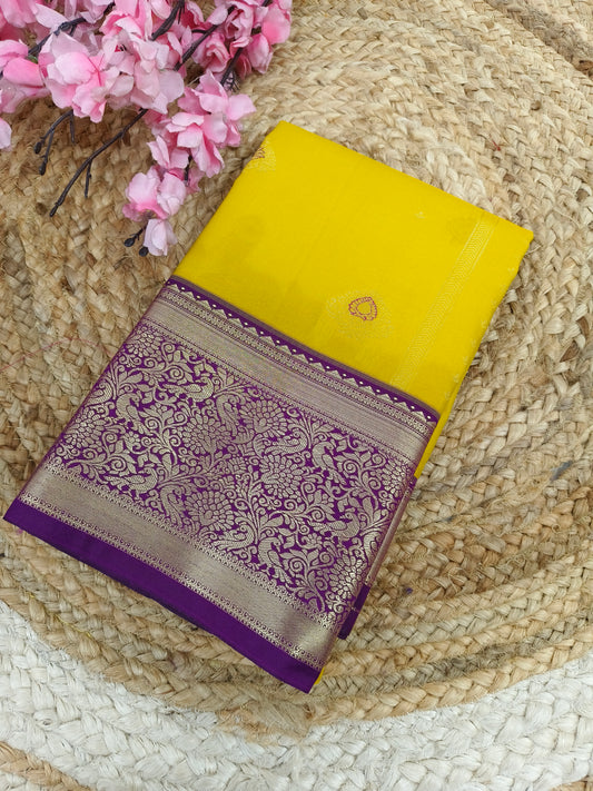 Yellow with purple Elegant semi kanjivaram silk saree