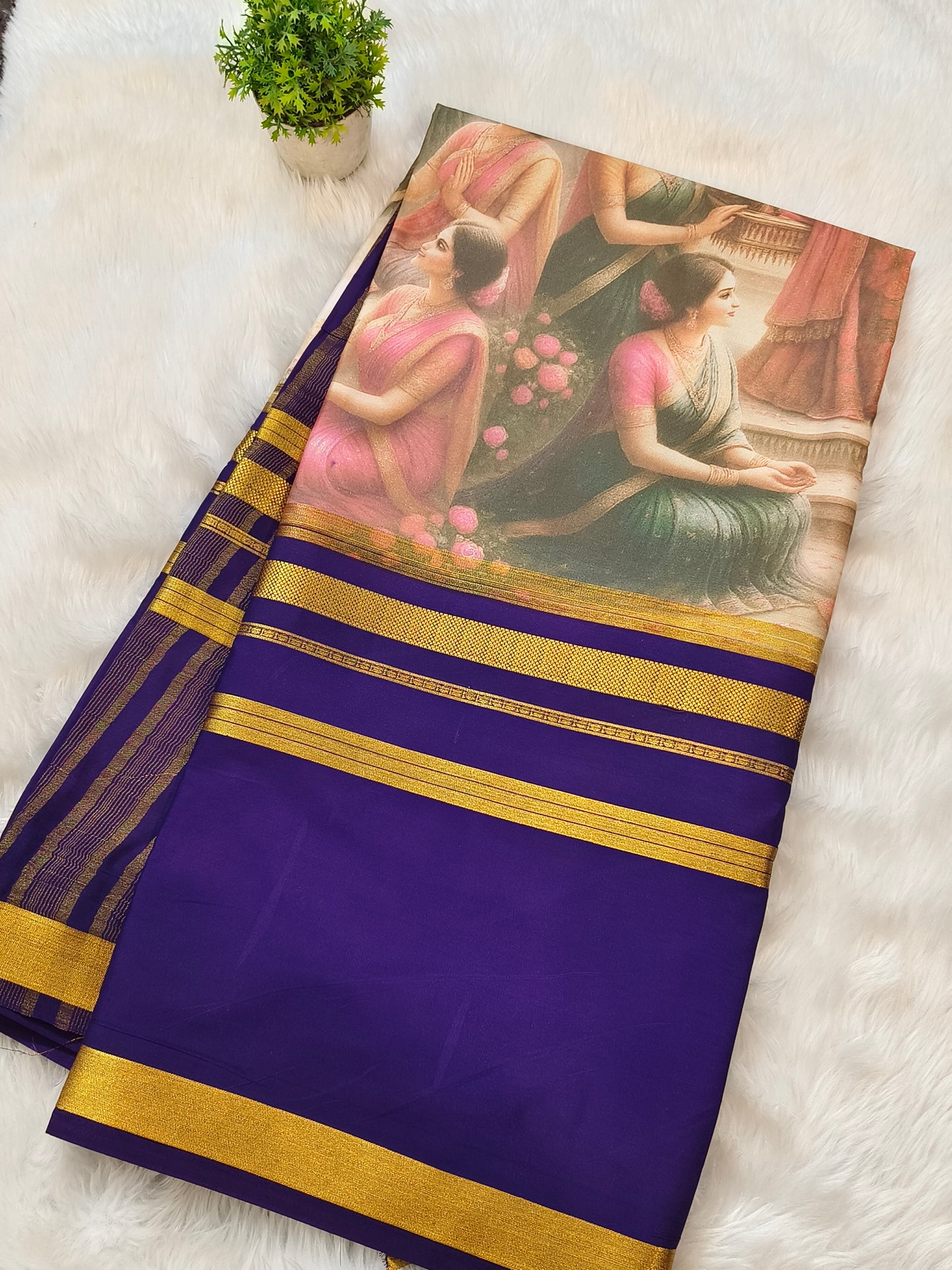 Purple printed semi Mysore crepe silk saree