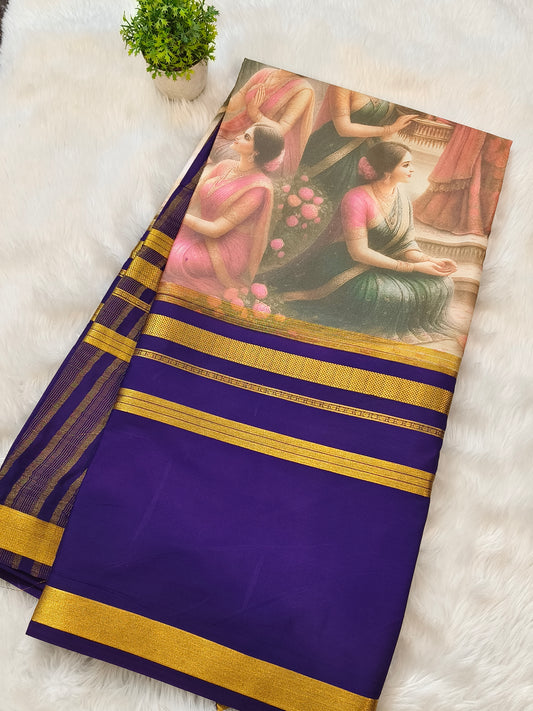Purple printed semi Mysore crepe silk saree