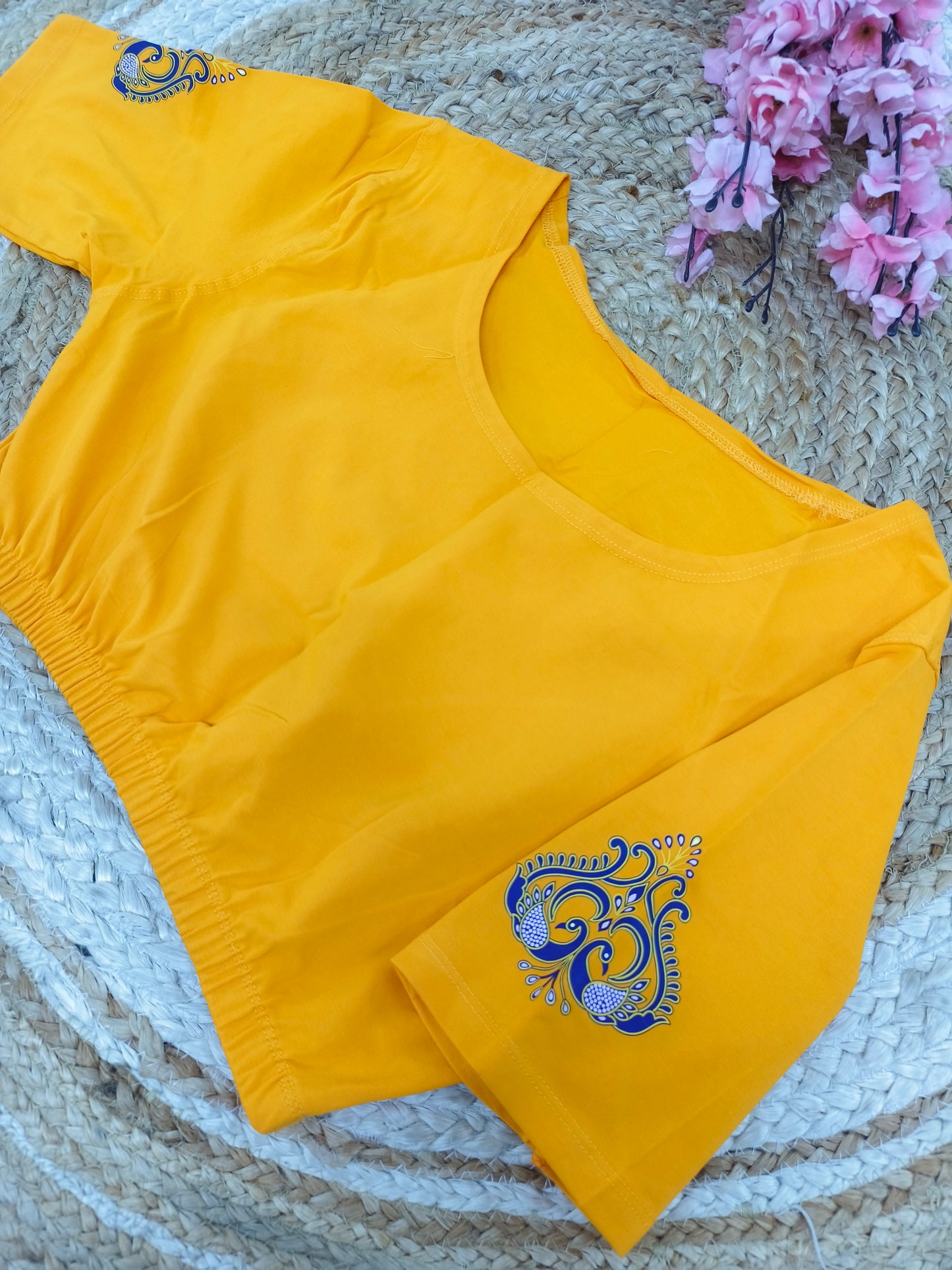 Yellow Stretchable blouse with unique printed design