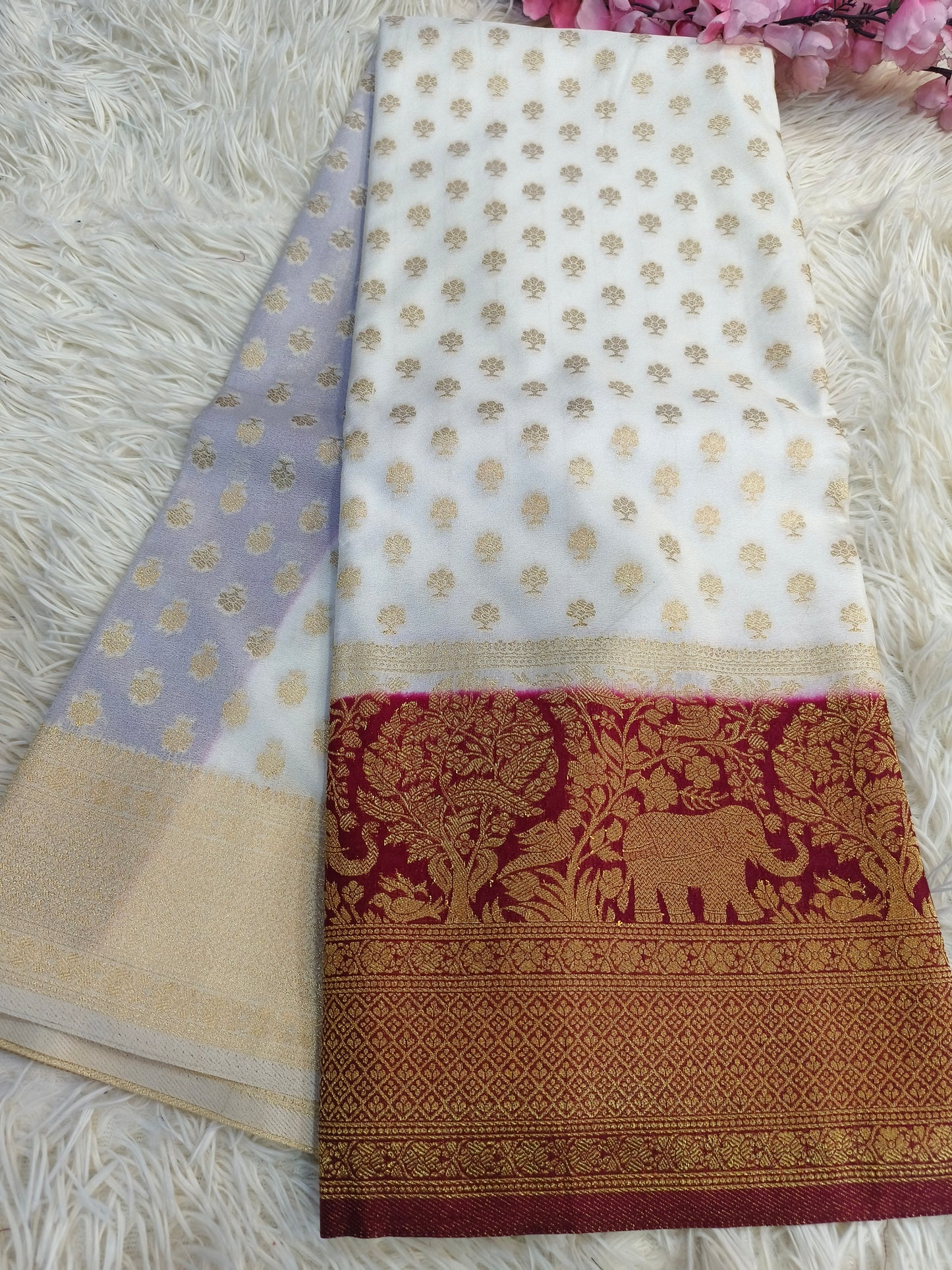 White with maroon Banarasi georgette silk saree