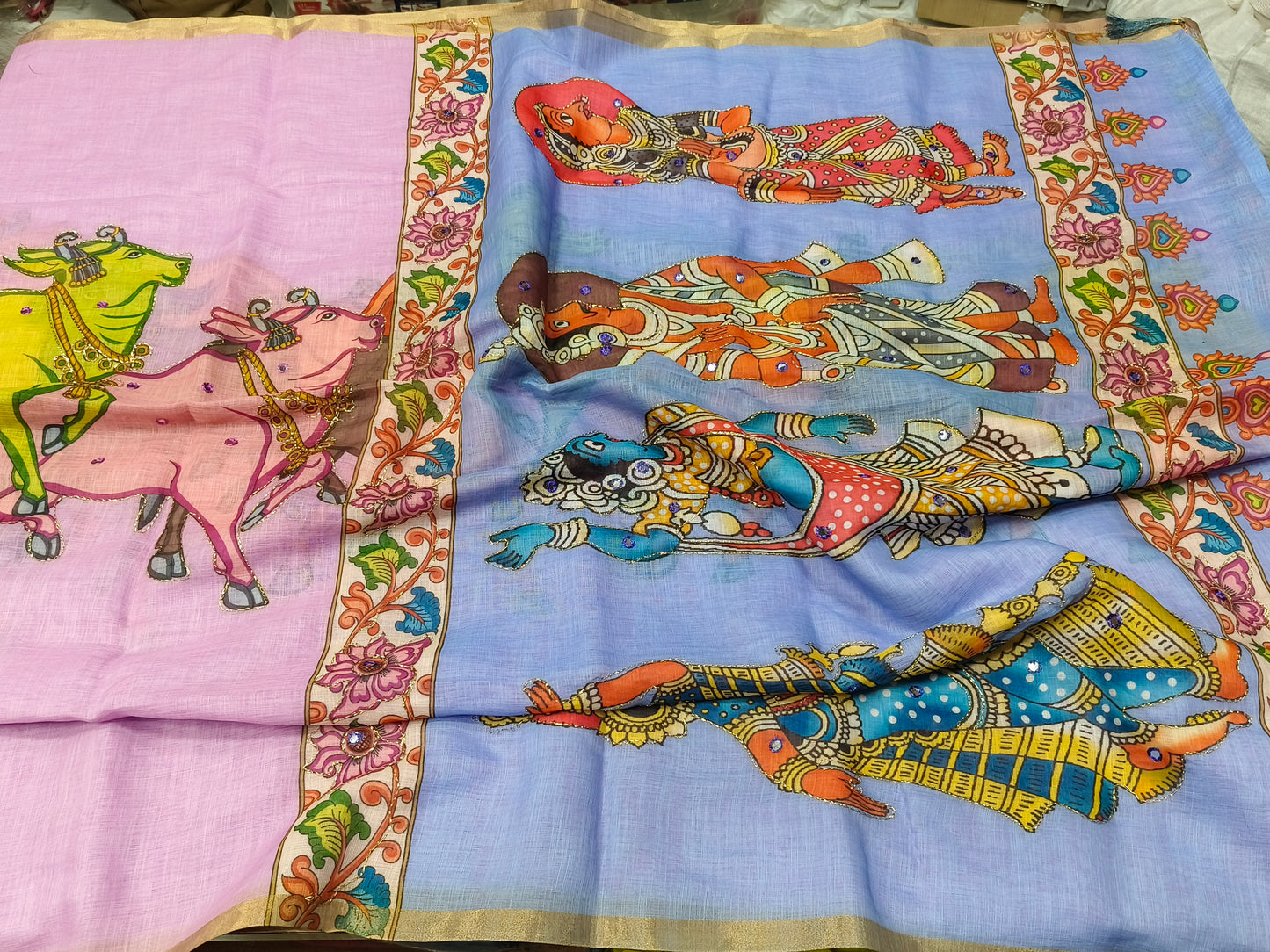 Lavender with light Pink Linen cotton Kalamkari saree