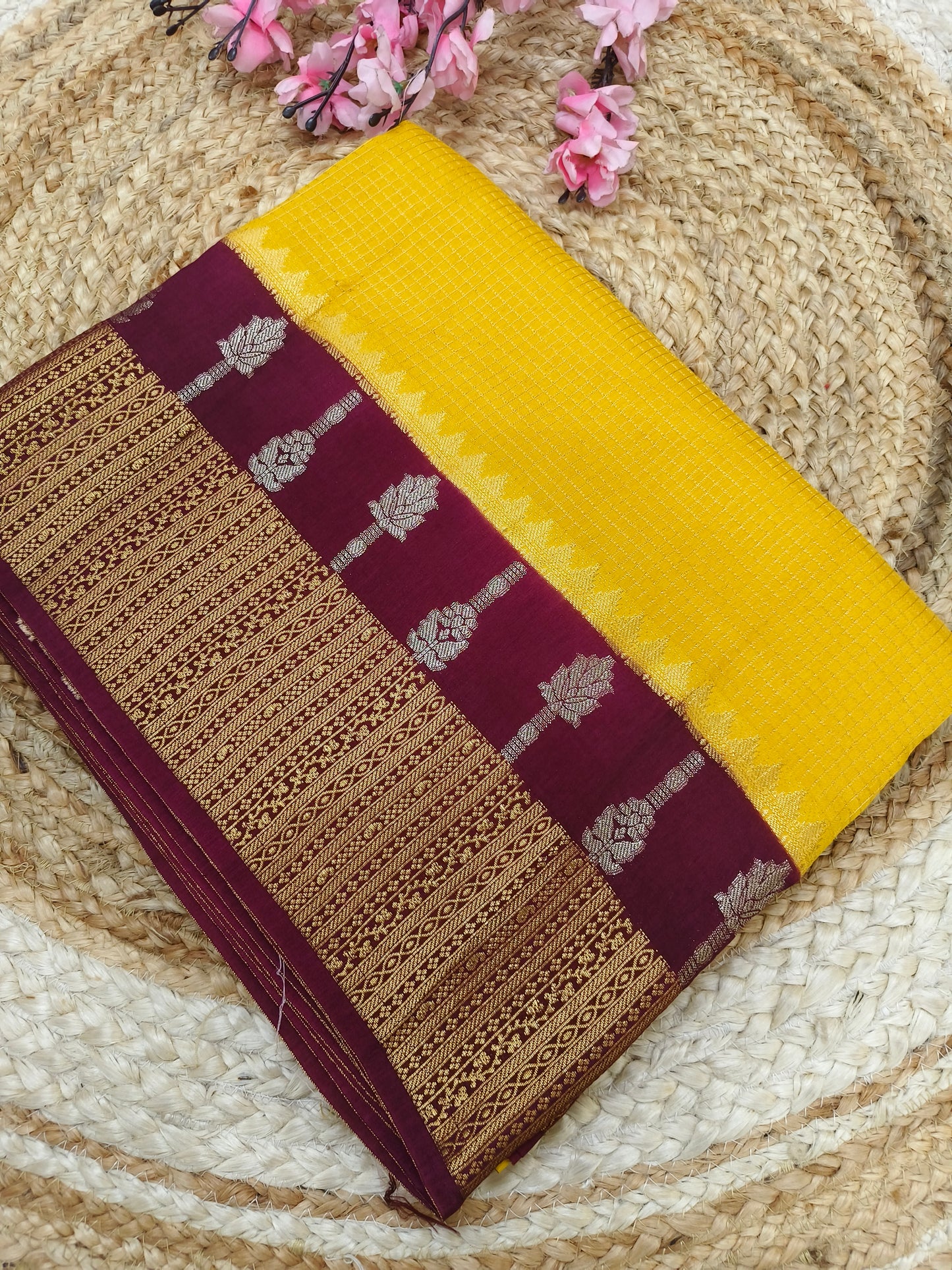 Yellow with wine Elegant viscose silk saree