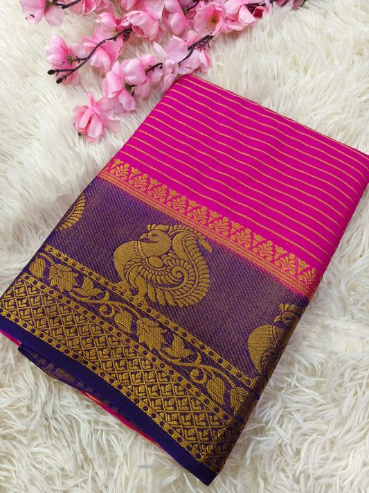 Pink With purple semi Mysore crepe silk