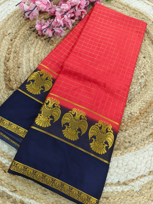 Red with navy blue crape silk saree