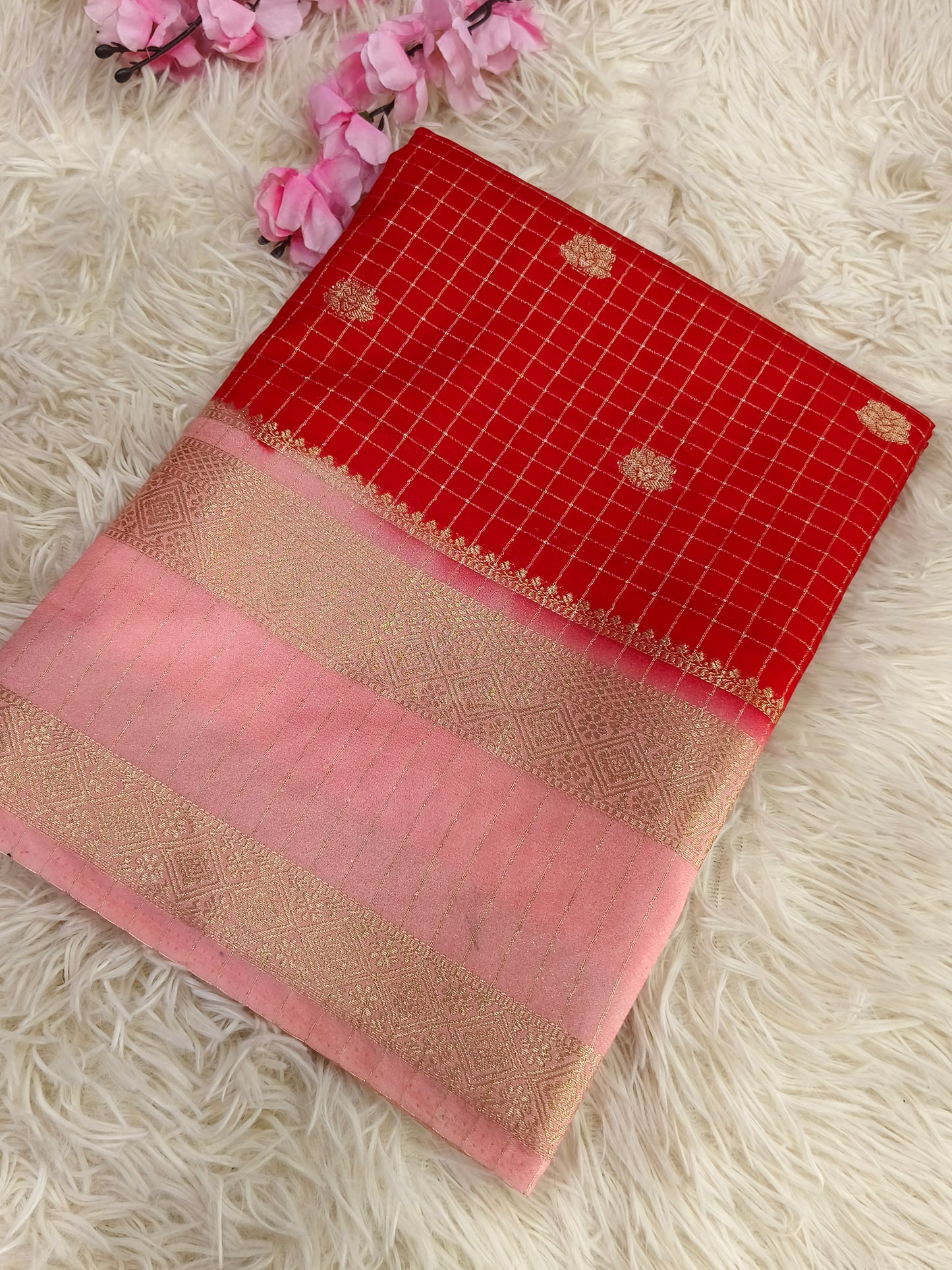 Red With Peach semi Mysore crepe Silk saree