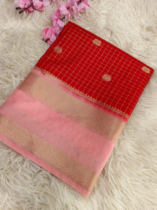 Red With Peach semi Mysore crepe Silk saree