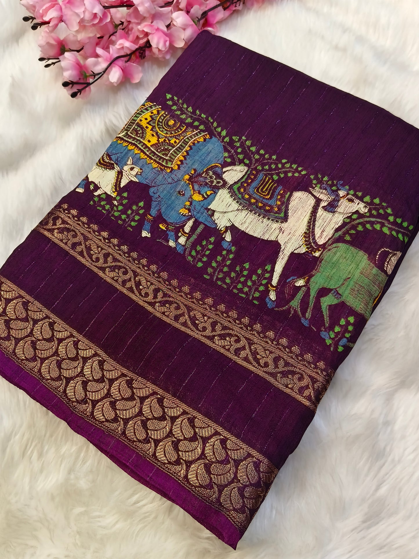 Wine Pichwai Chinon silk saree