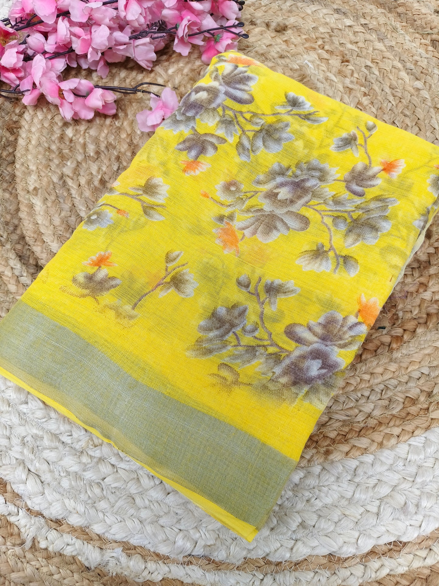 Yellow Lenin Cotton saree