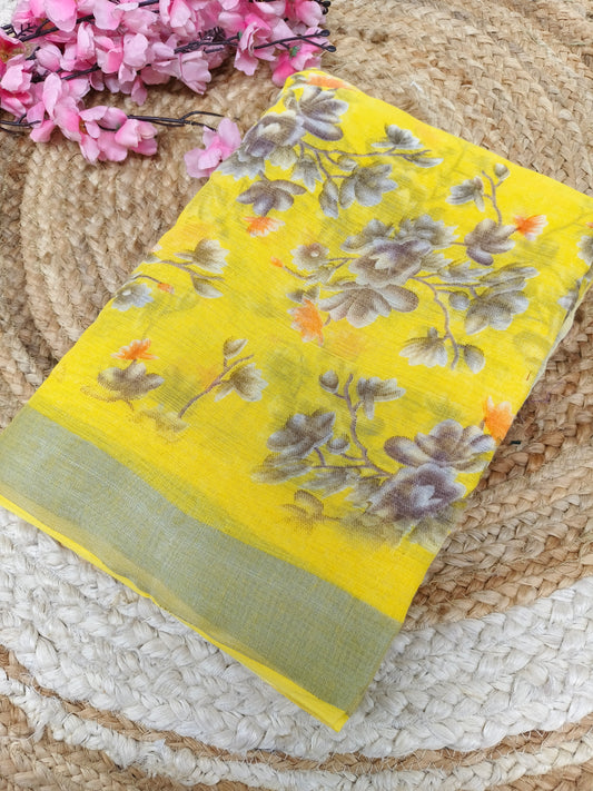 Yellow Lenin Cotton saree